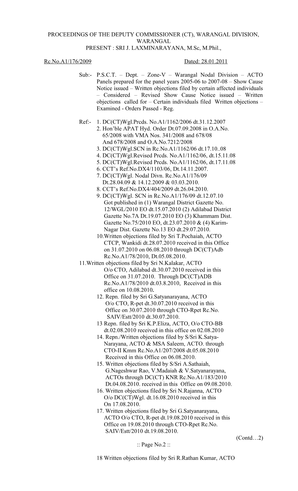 Proceedings of the Deputy Commissioner (Ct), Warangal Division, Warangal