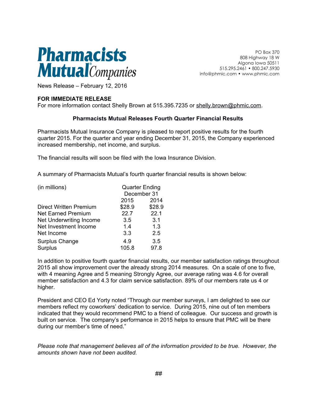 Pharmacists Mutual Releases Fourth Quarter Financial Results