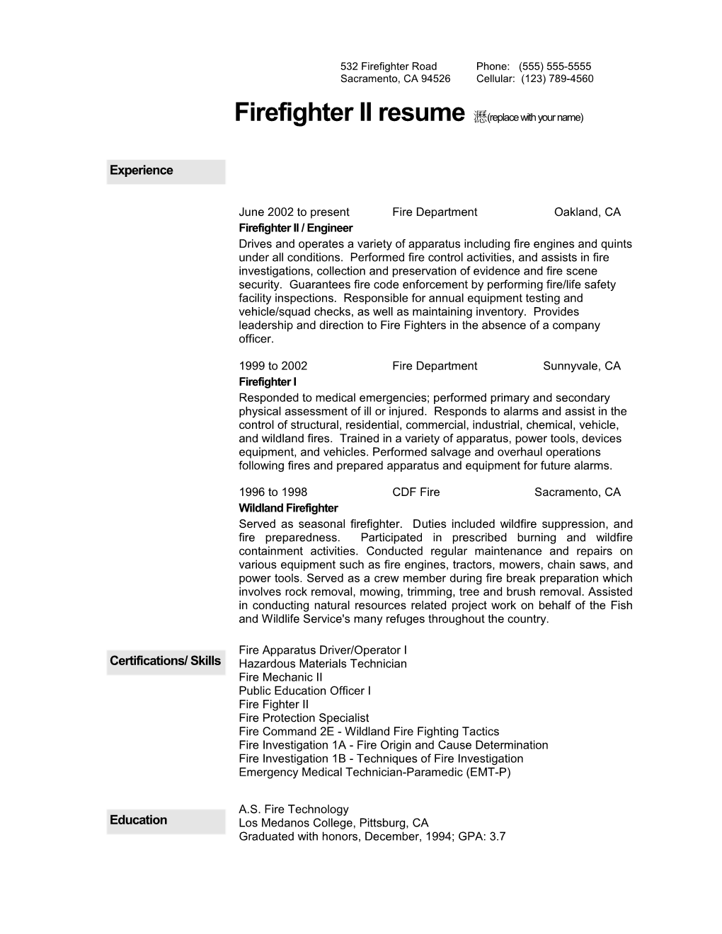 Firefighter II Resume ! (Replace with Your Name)