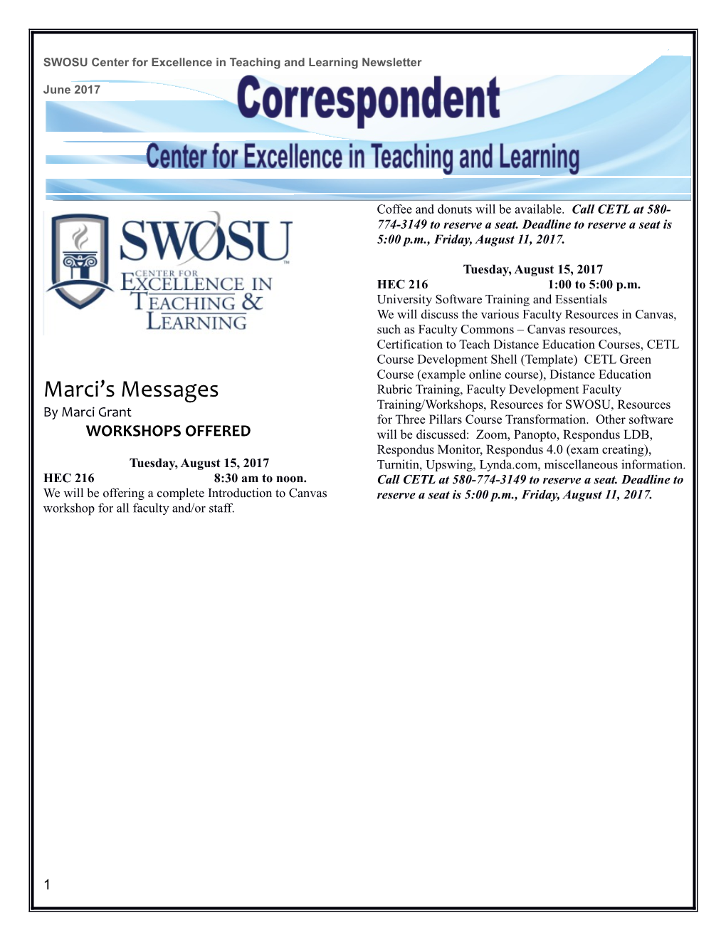 SWOSU Center for Excellence in Teaching and Learning Newsletterjune 2017
