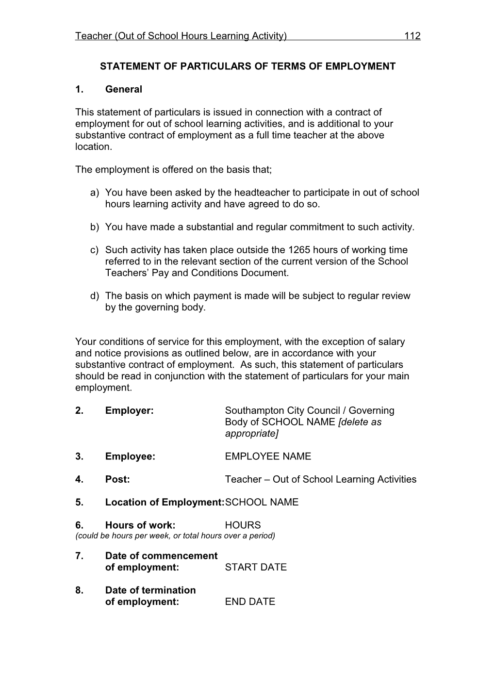 Statement of Particulars of Terms of Employment