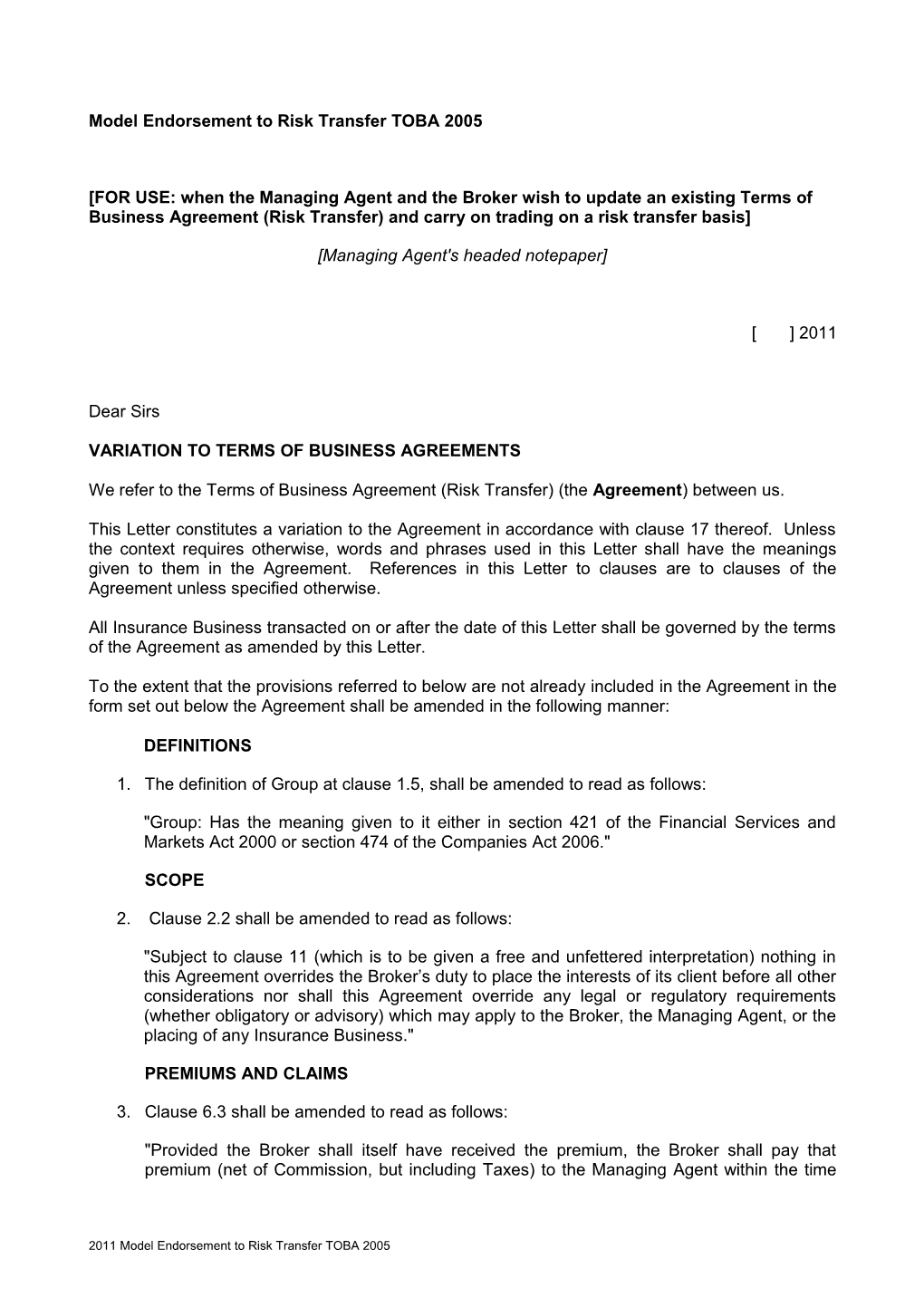 Model Endorsement to Risk Transfer TOBA 2005