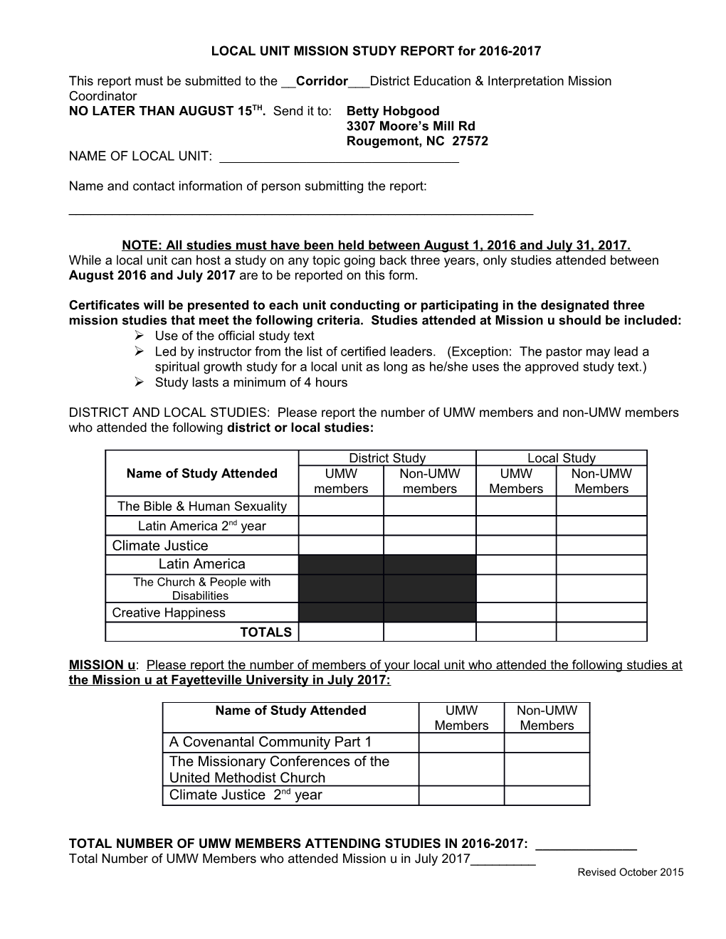 LOCAL UNIT MISSION STUDY REPORT for 2016-2017