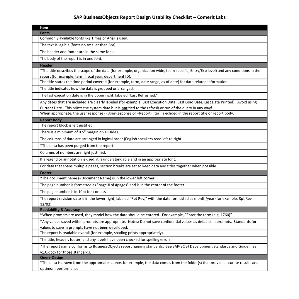 SAP Businessobjects Report Design Usability Checklist Comerit Labs