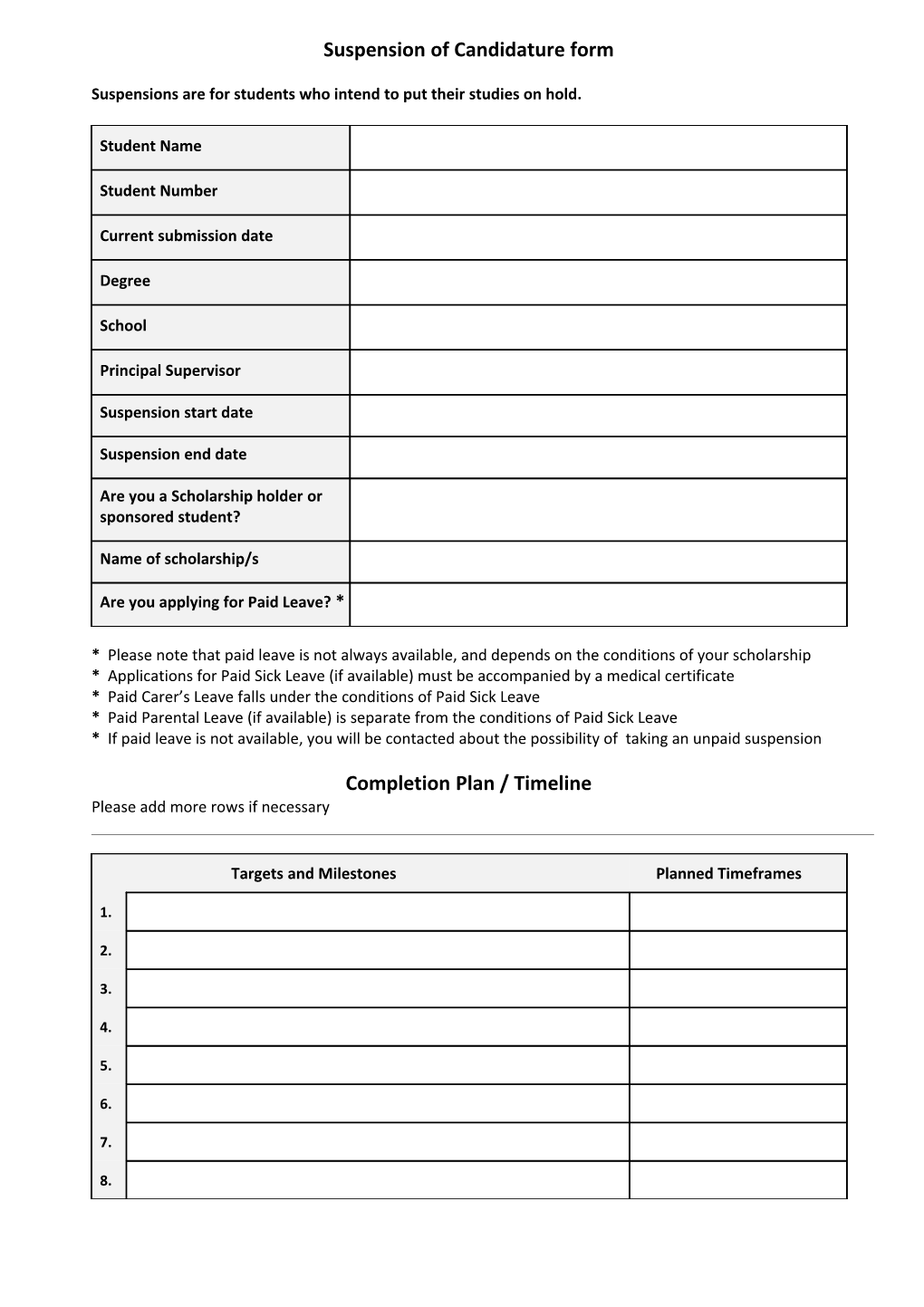 Variation to Candidature Form