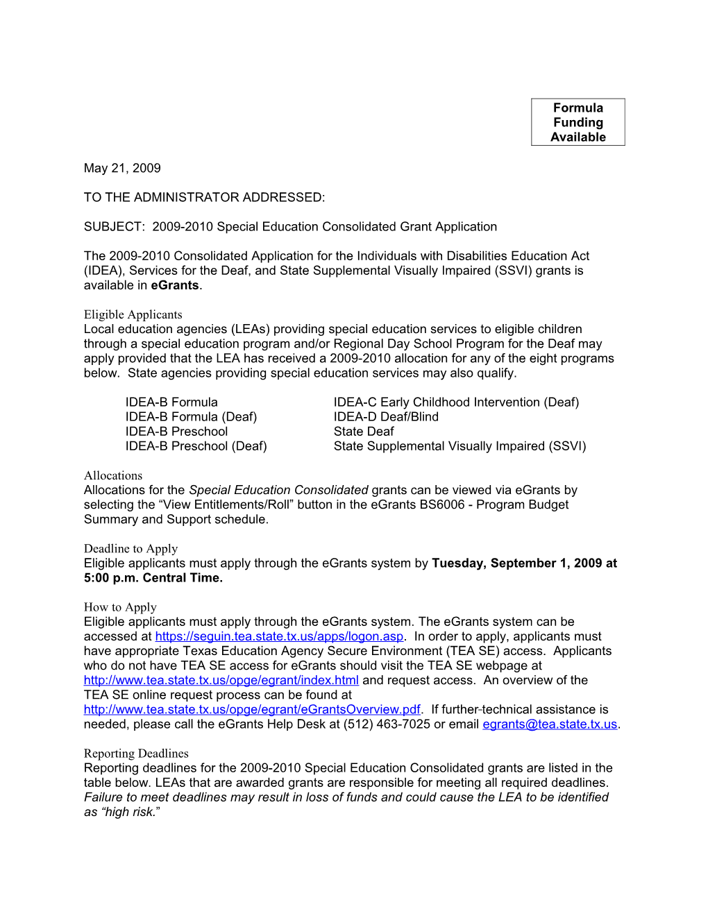 SUBJECT: 2009-2010Special Education Consolidated Grant Application