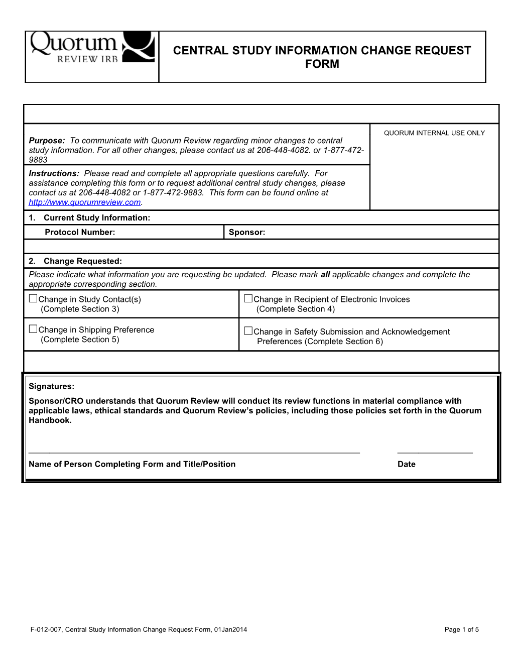 Central Study Information Change Request Form