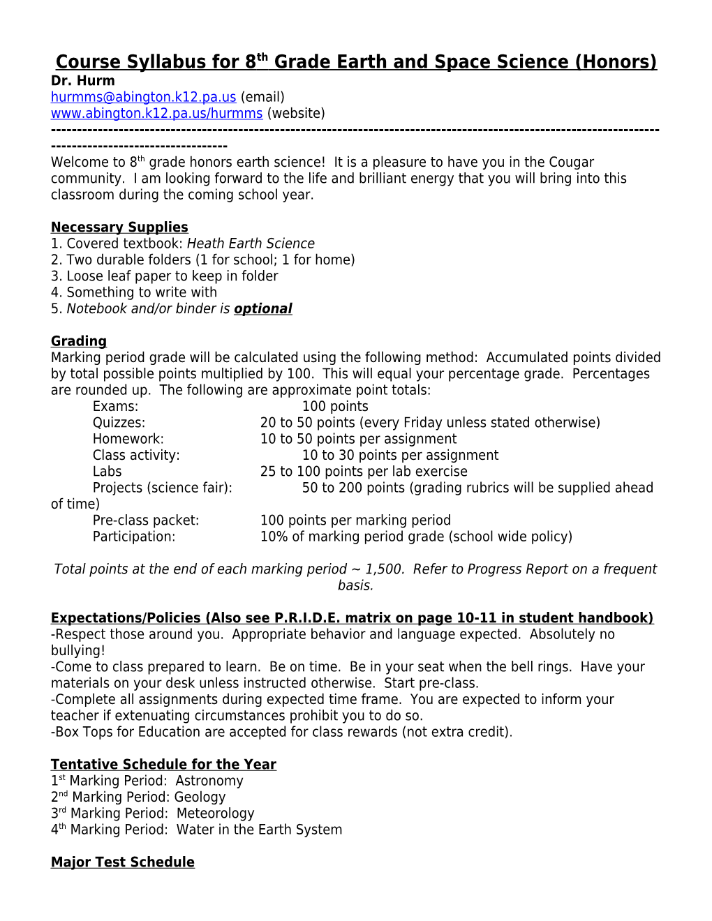 Course Syllabus for 8Th Grade Earth and Space Science