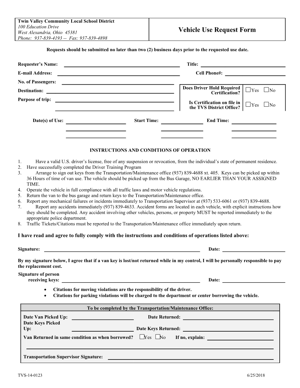 Vehicle Use Request Form