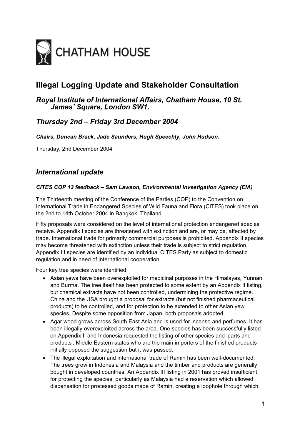 Illegal Logging Update and Stakeholder Consultation
