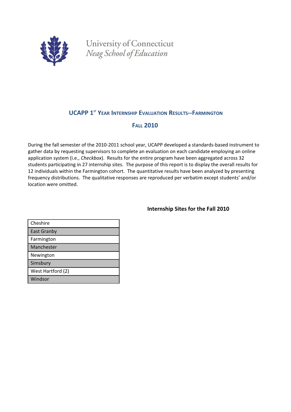 UCAPP 1St Year Internship Evaluation Results Farmington
