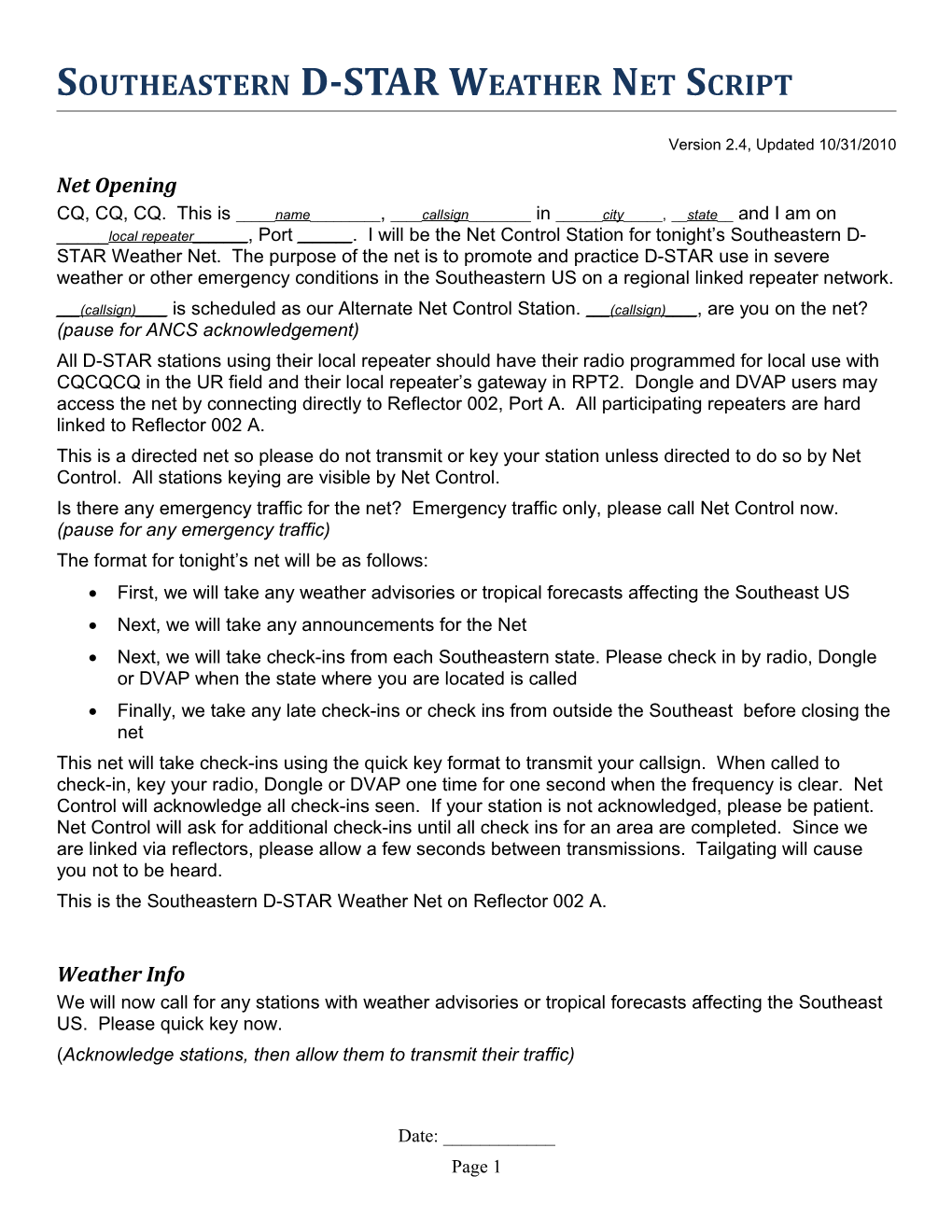 Southeastern D-STAR Weather Net Script