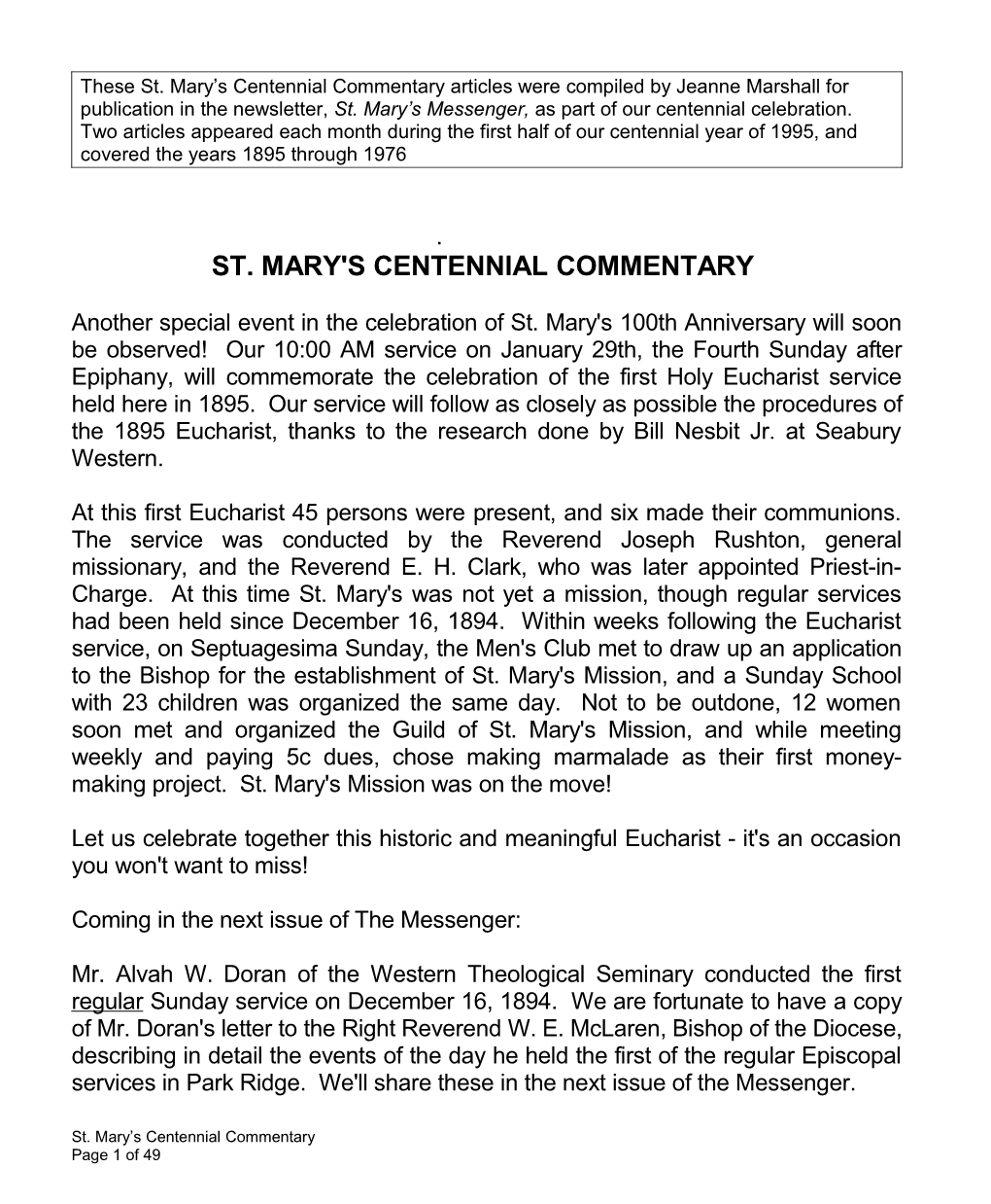 Two Articles Appeared Each Month During the First Half of Our Centennial Year of 1995