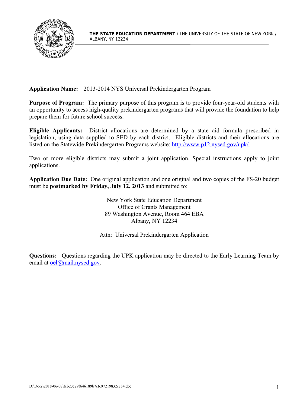 2013-2014 NYS Universal Prekindergarten Program Grant Application