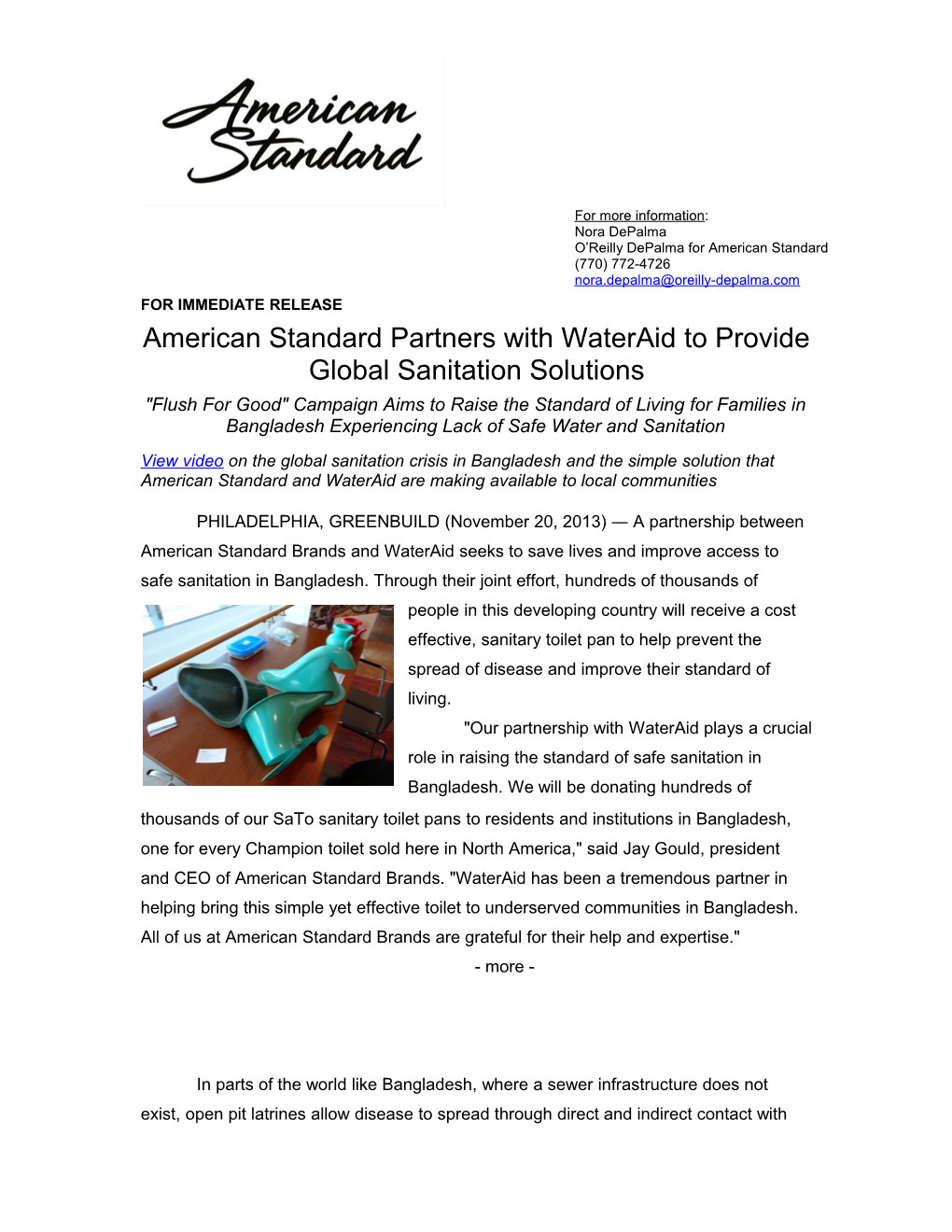 American Standard Partners with Wateraid to Provide Global Sanitation Solutions 3-3-3