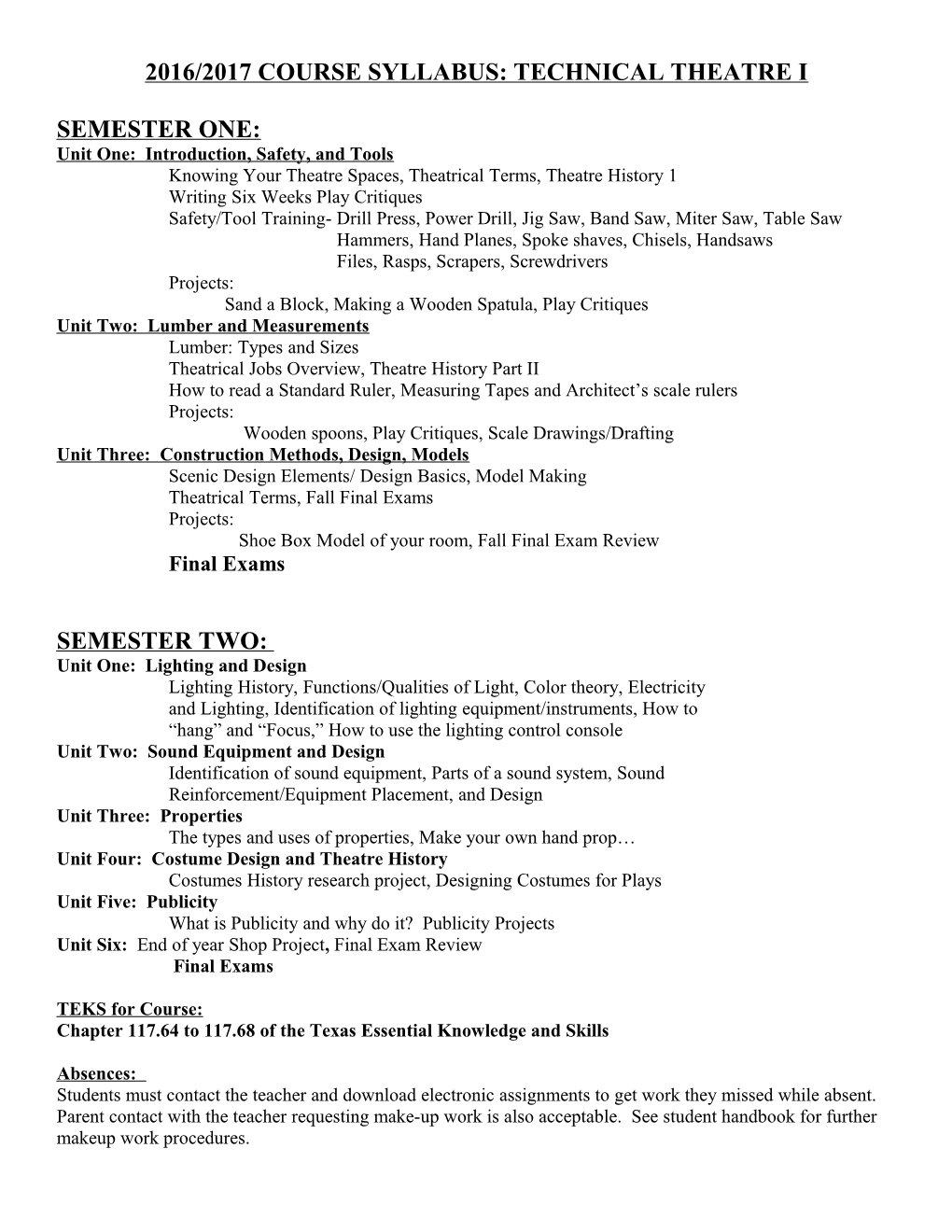 Course Syllabus: Technical Theatre I