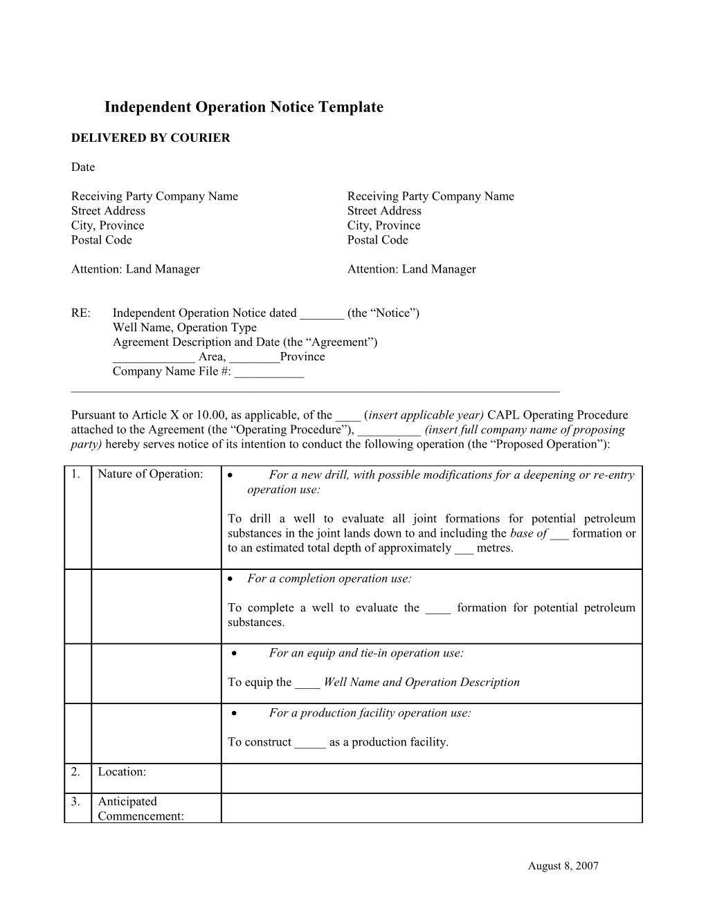 Independent Operation Notice Template