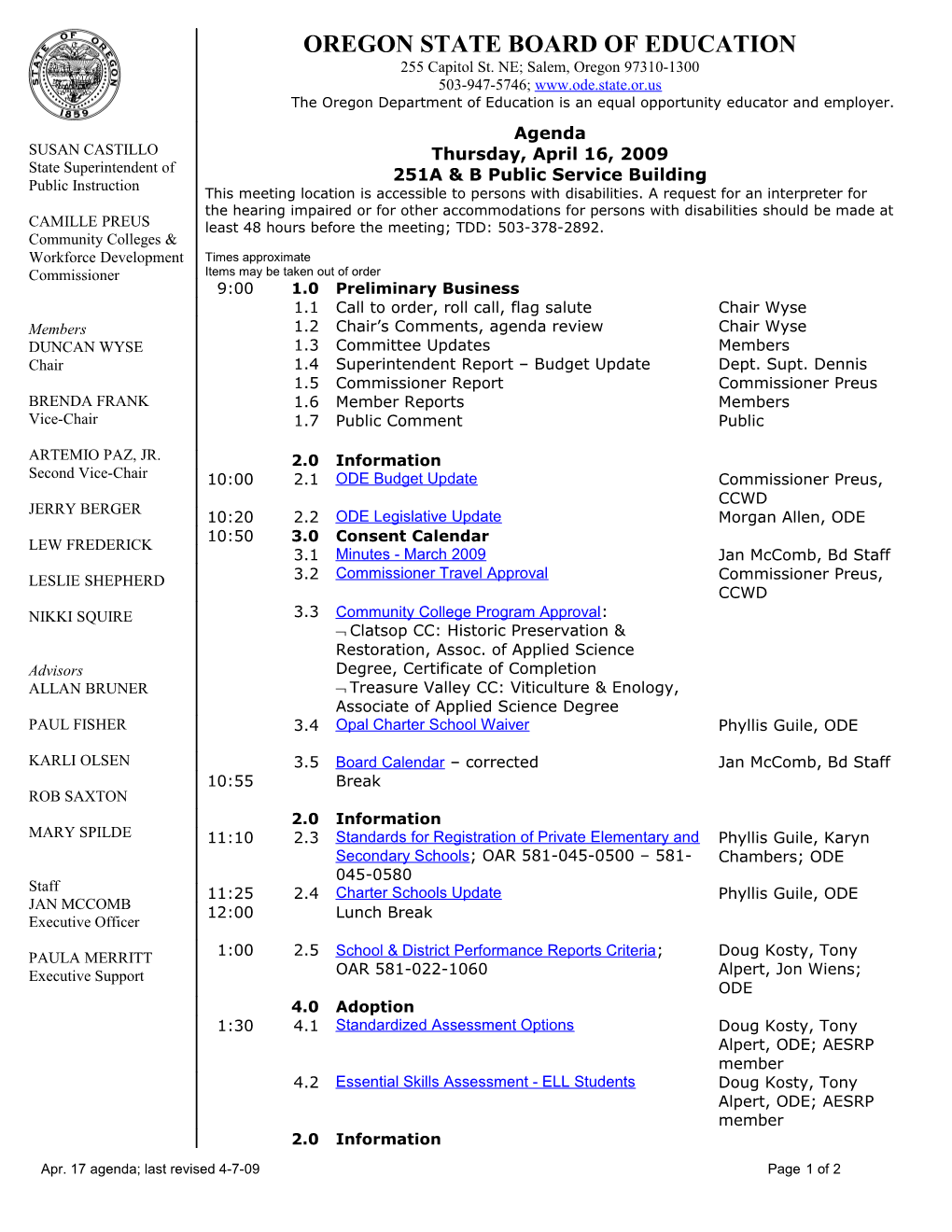 Apr. 17 Agenda; Last Revised 4-7-09 Page 2 of 2