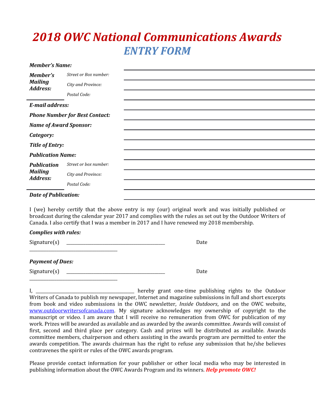 2007 OWC NATIONAL COMMUNICATIONS Entry Form