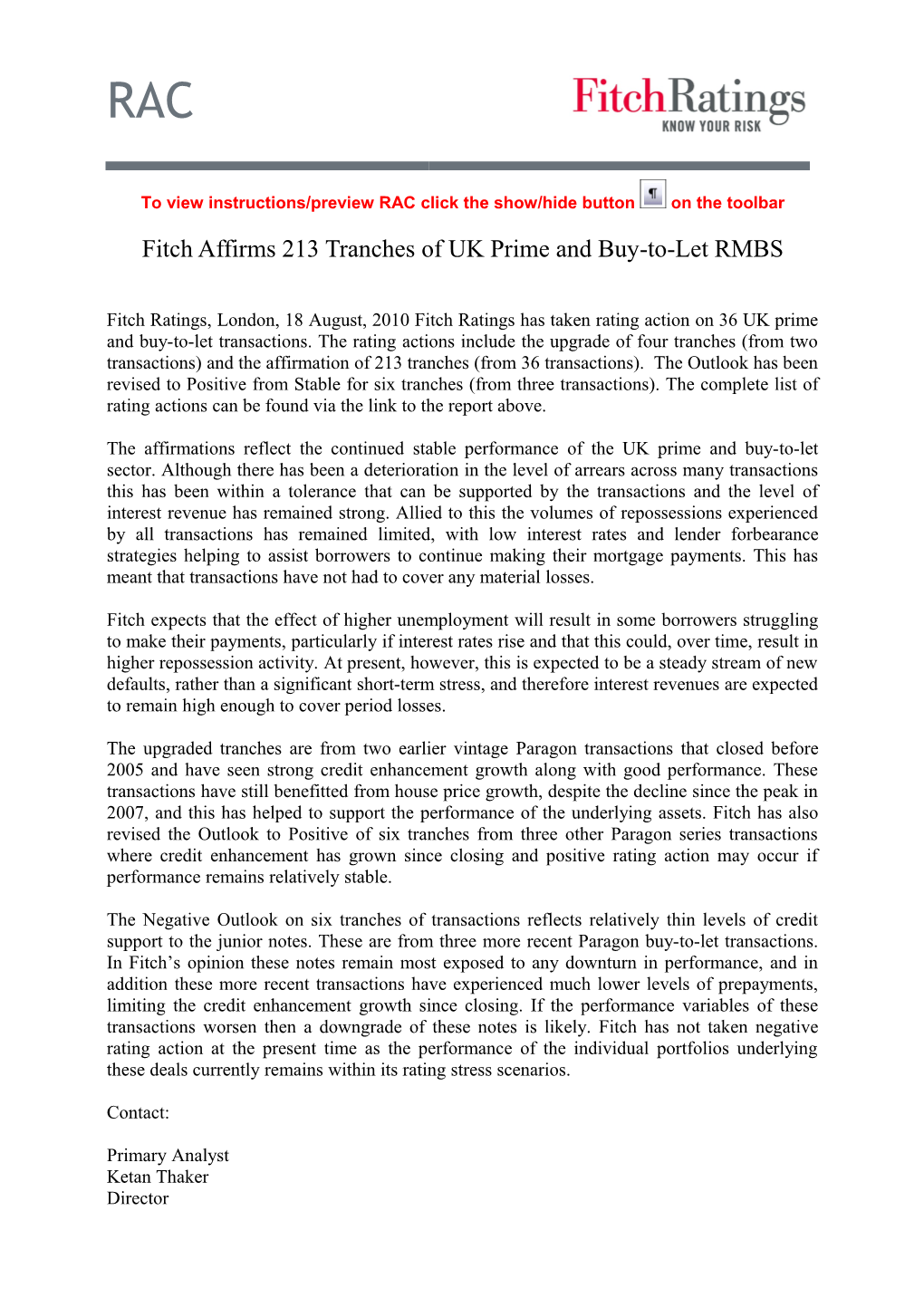 Fitch Affirms X Tranches of UK Prime RMBS