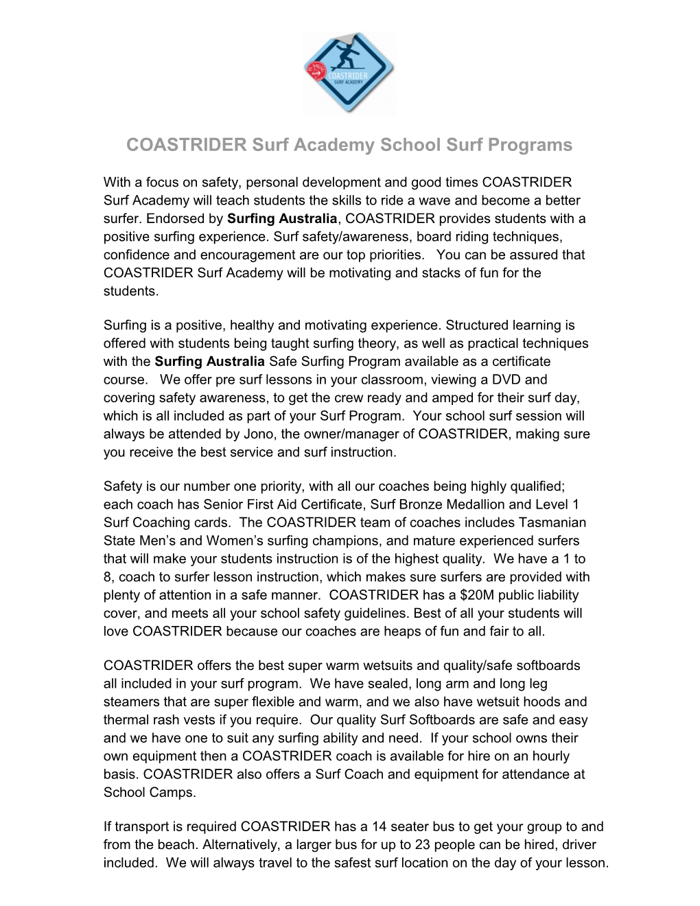 COASTRIDER Surf Academy School Surf Programs