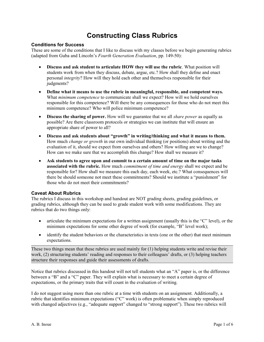 Constructing Class Rubrics