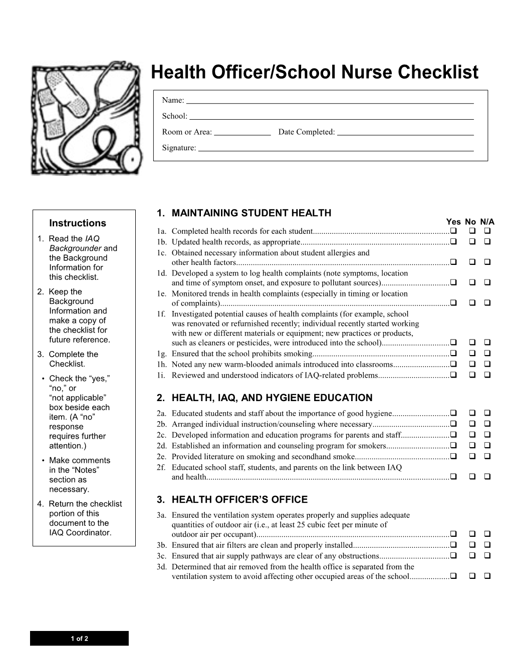 Health Officer/School Nurse Checklist