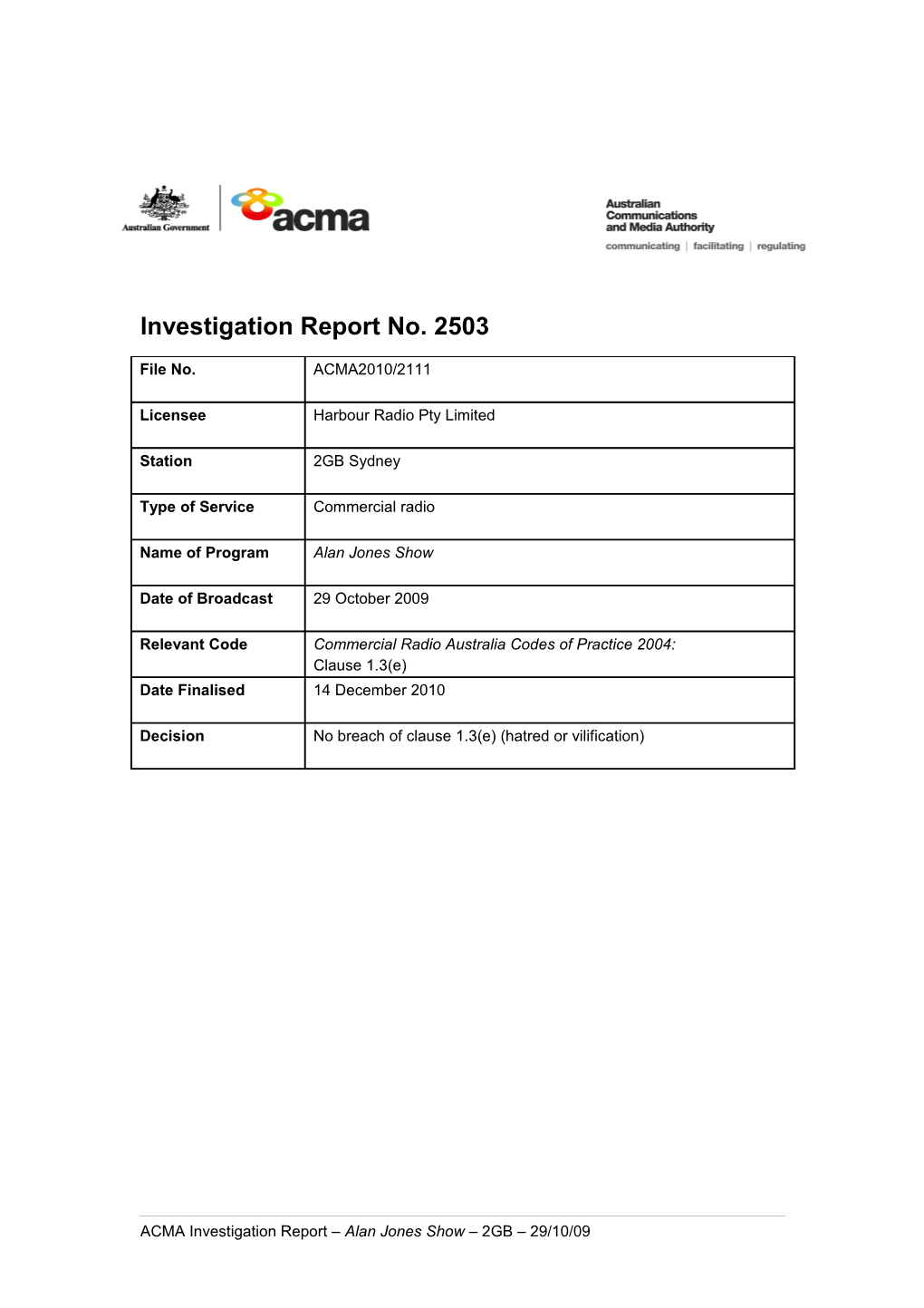 2GB - ACMA Investigation Report 2503