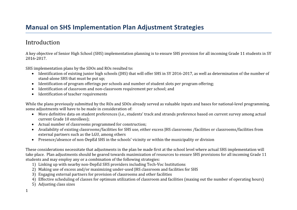 Manual on SHS Implementation Plan Adjustment Strategies