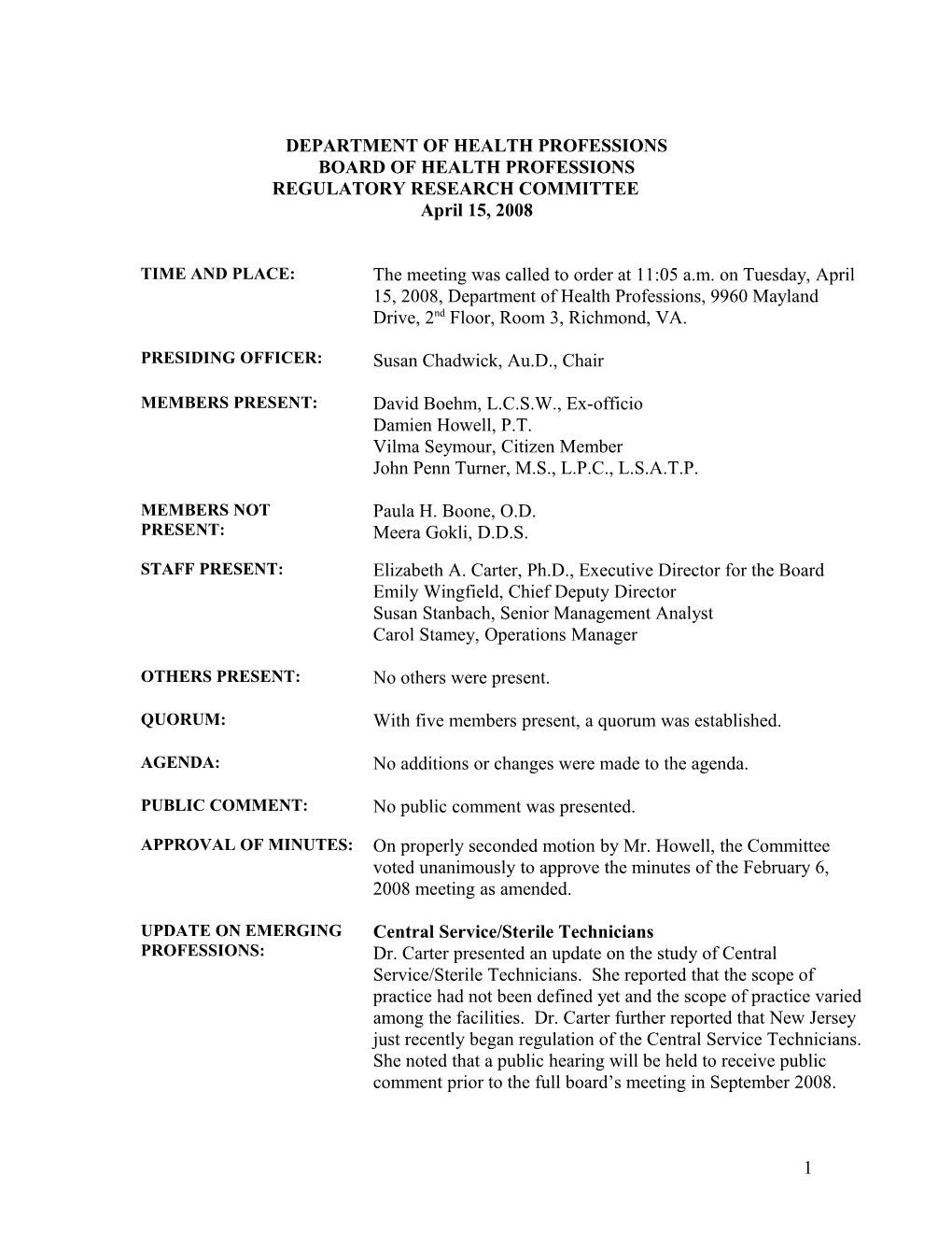 Board Of Health Professions Minutes April 2008