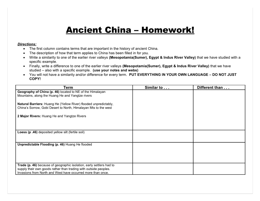 Ancient China Homework!