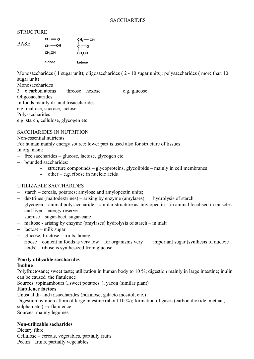 Saccharides in Nutrition