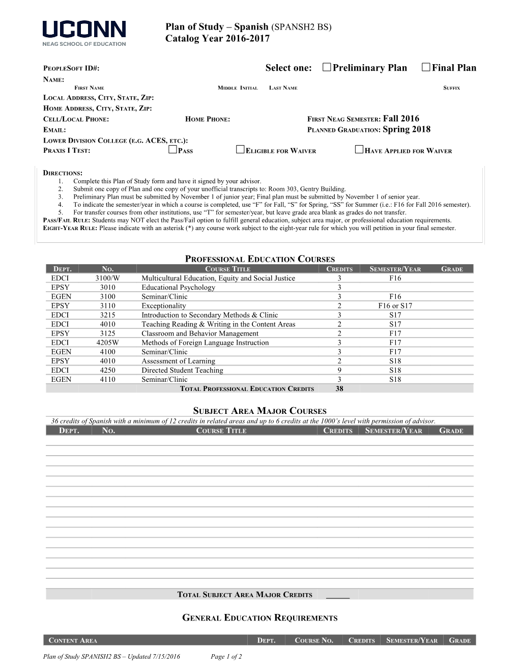 Plan of Study Spanish (SPANSH2 BS)