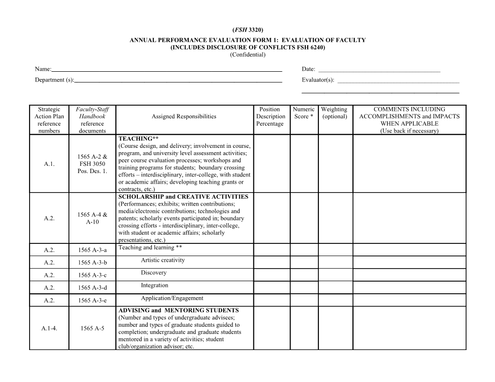 Annual Performance Evaluation Form 1: Evaluation of Faculty