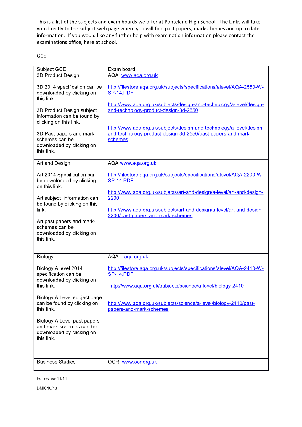 This Is a List of the Subjects and Exam Boards We Offer at Ponteland High School. the Links