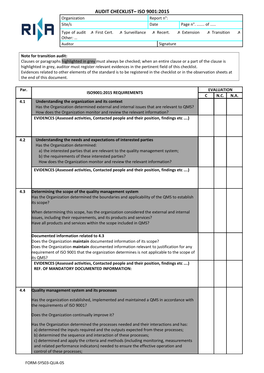 Note for Transition Audit