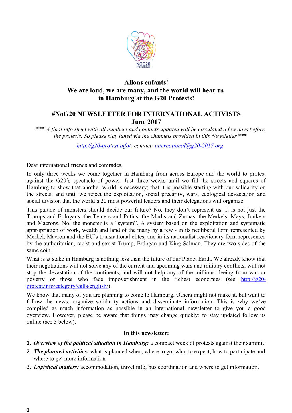 Nog20 NEWSLETTER for INTERNATIONAL ACTIVISTS
