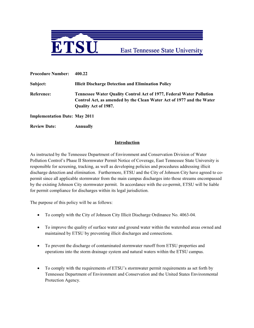 Subject: Illicit Discharge Detection and Elimination Policy