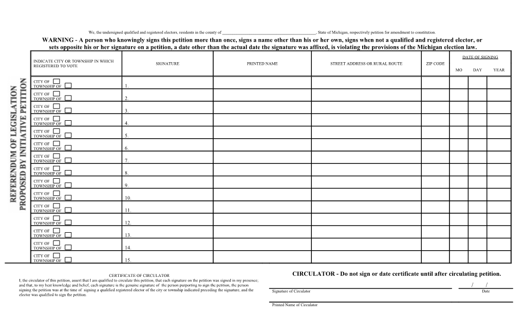 WARNING - a Person Who Knowingly Signs This Petition More Than Once, Signs a Name Other