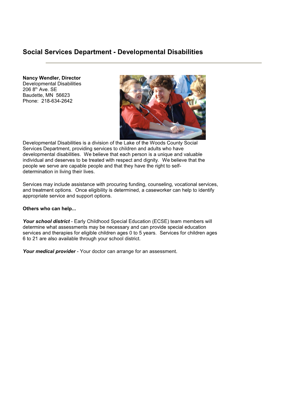Social Services Department - Developmental Disabilities