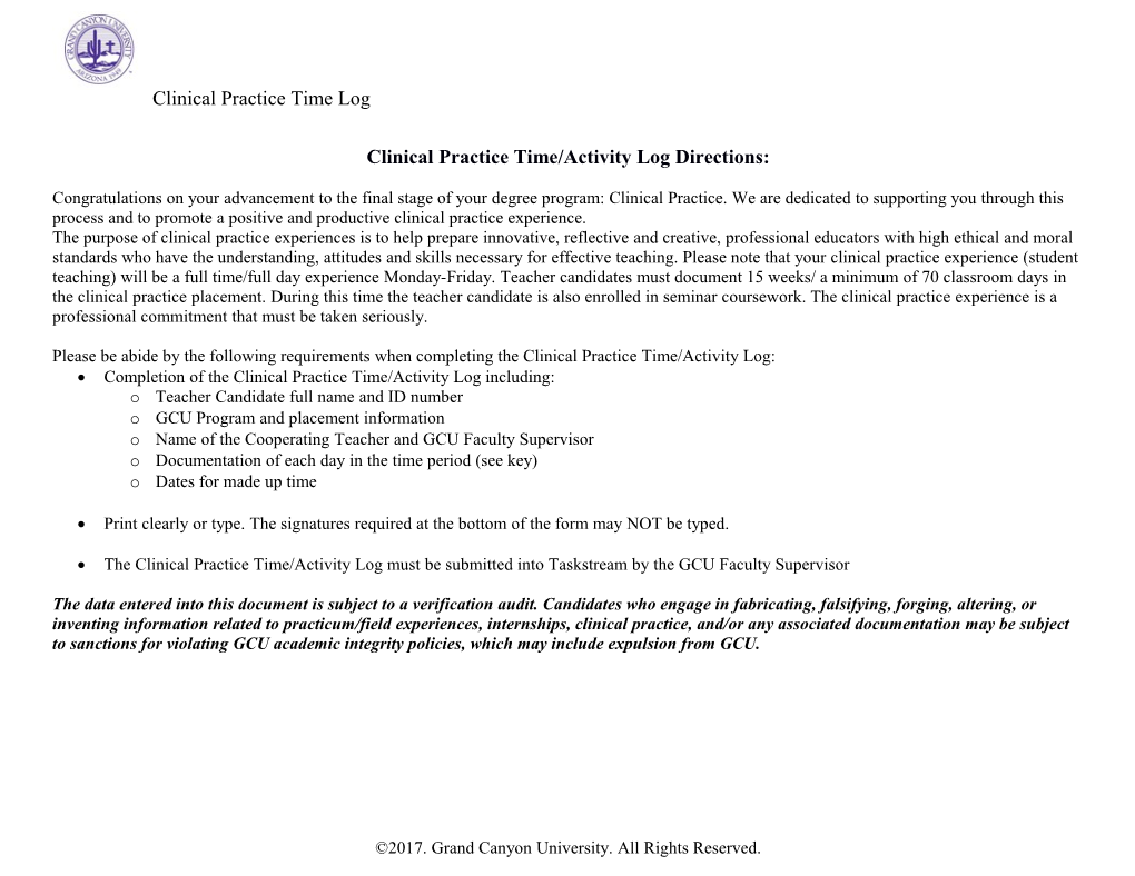 Clinical Practice Time/Activity Log Directions
