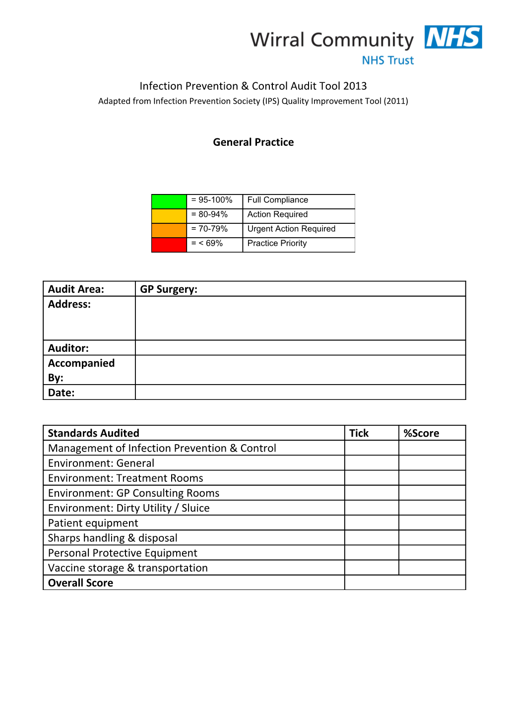 Infection Prevention & Control Audit Tool 2013