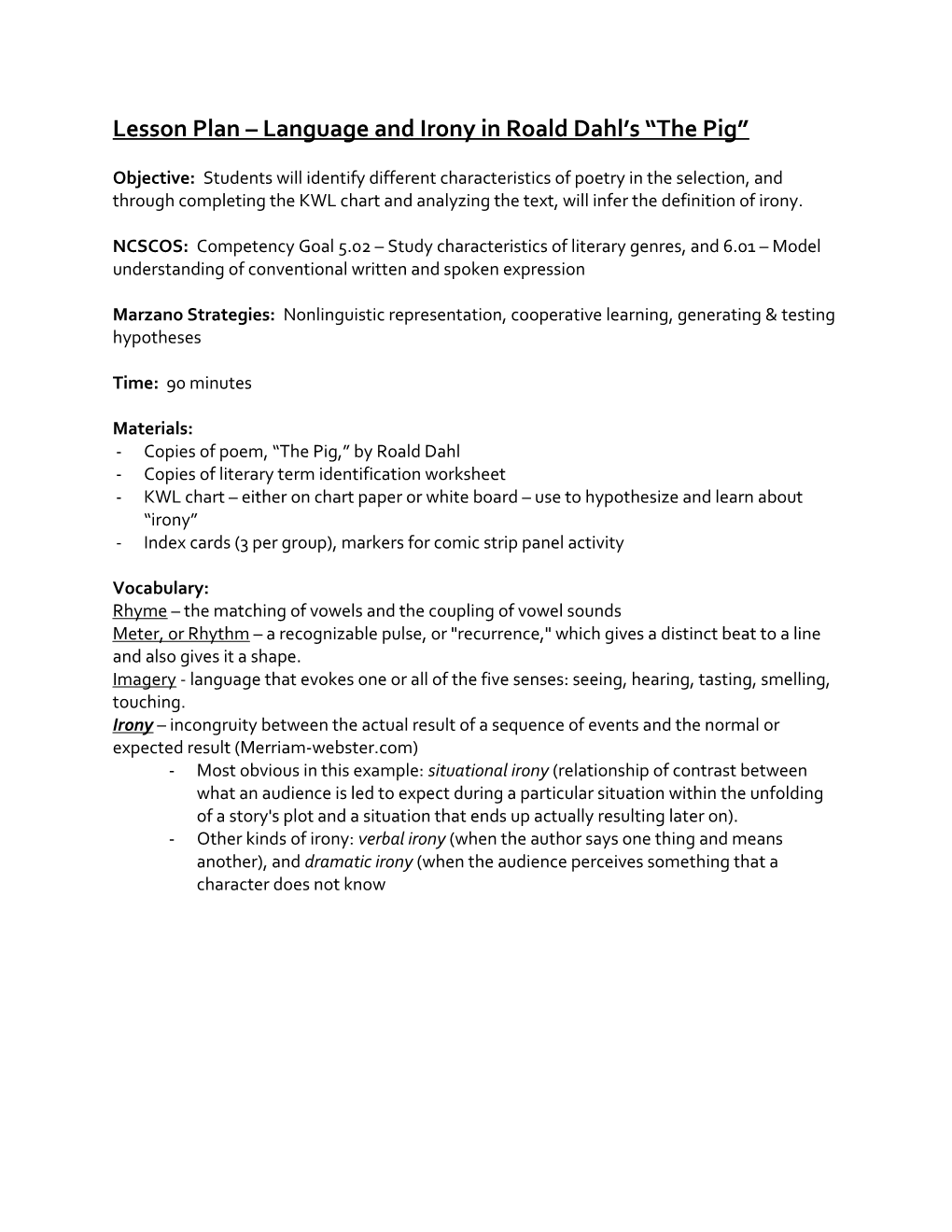 Lesson Plan Language and Irony in Roald Dahl S the Pig s1