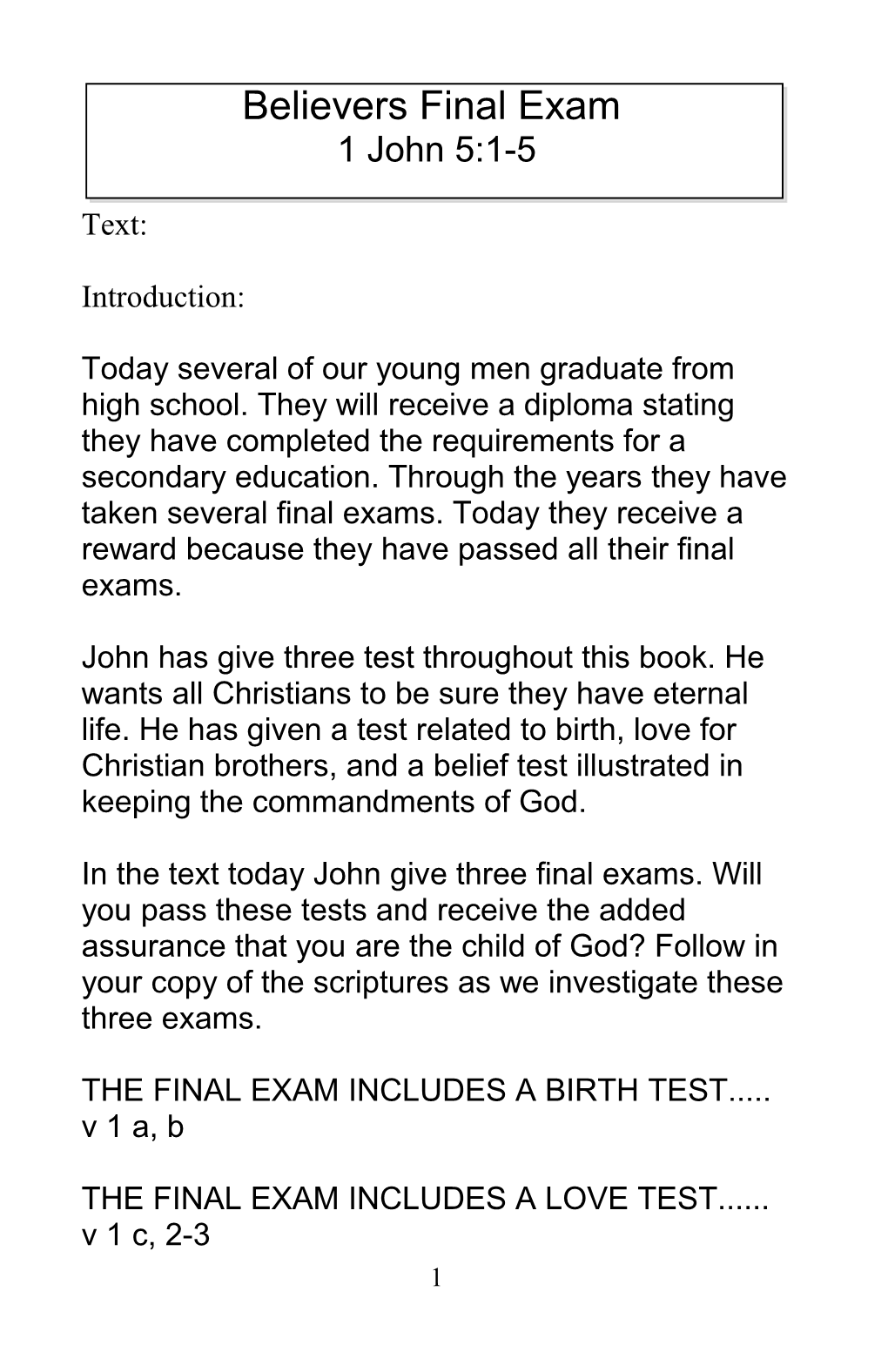 THE FINAL EXAM INCLUDES a BIRTH TEST V 1 A, B