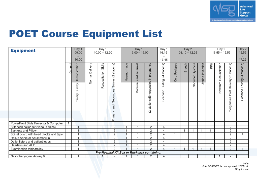 POET Course Equipment List