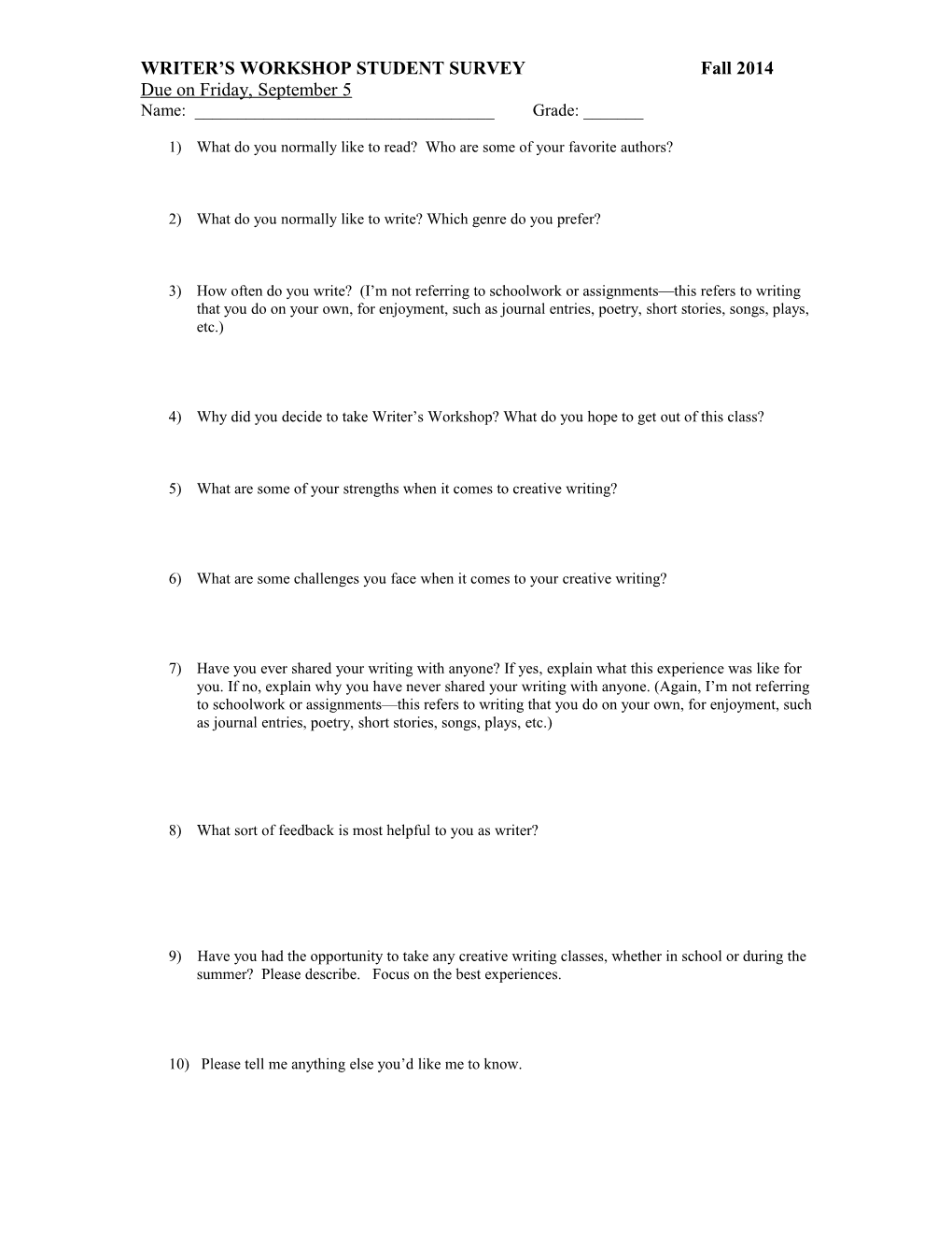 Creative Writing Student Survey