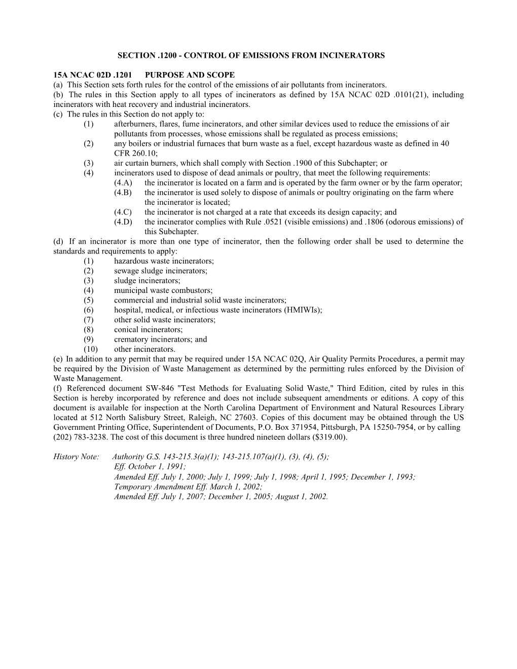 Section .1200 - Control of Emissions from Incinerators