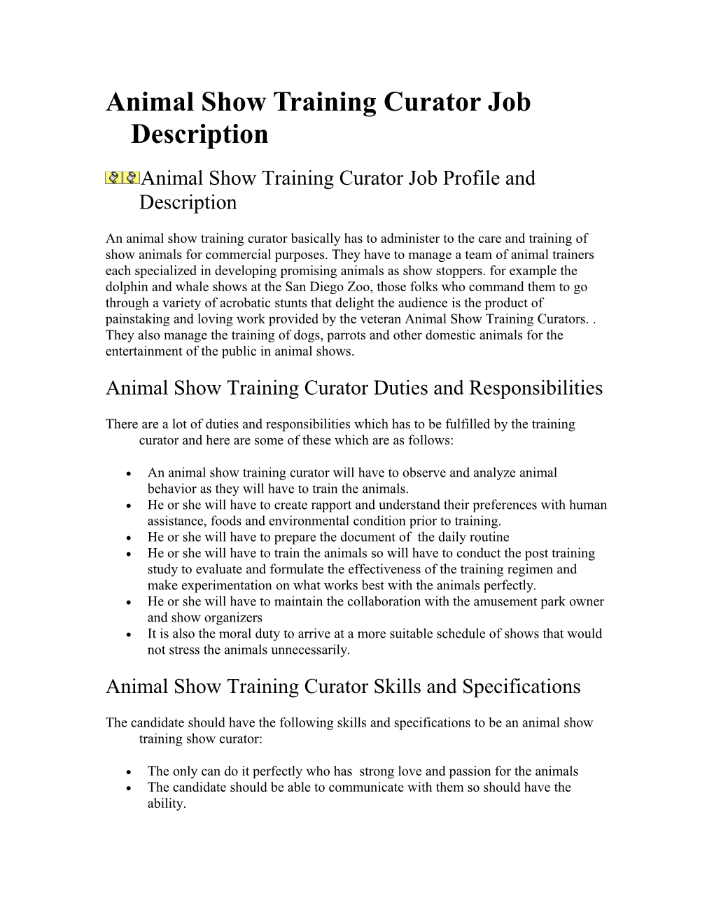 Animal Show Training Curator Job Description