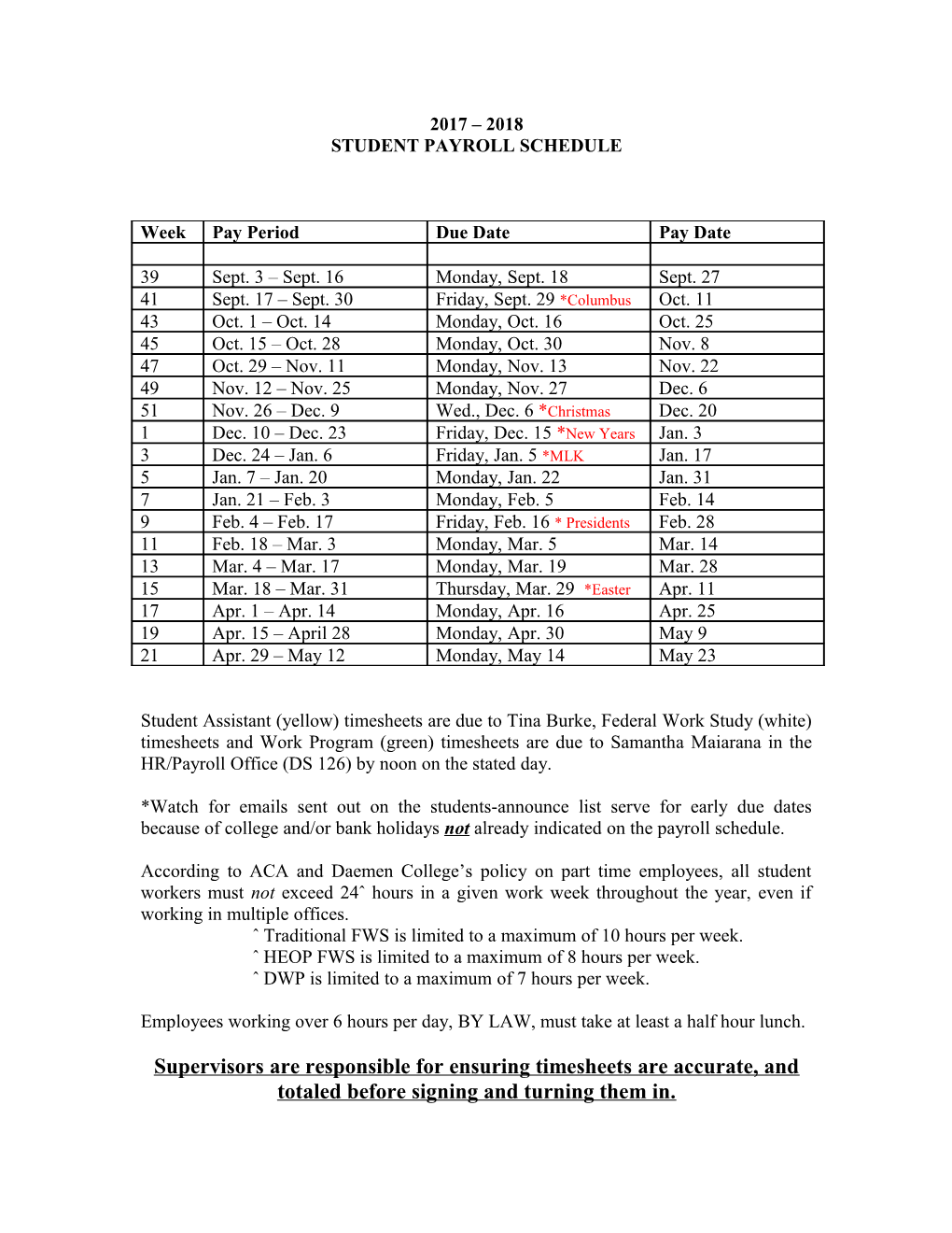 Student Payroll Schedule