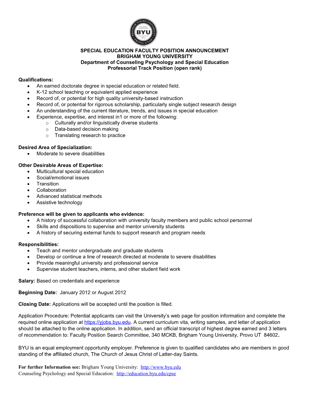 Special Education Faculty Position Announcement